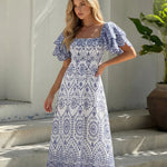 White Blue Geometric Print Square Neck Puff Sleeve Midi Dress