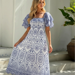 White Blue Geometric Print Square Neck Puff Sleeve Midi Dress
