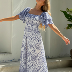 White Blue Geometric Print Square Neck Puff Sleeve Midi Dress