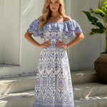 White Blue Geometric Print Square Neck Puff Sleeve Midi Dress