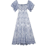 White Blue Geometric Print Square Neck Puff Sleeve Midi Dress