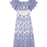 White Blue Geometric Print Square Neck Puff Sleeve Midi Dress