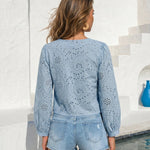 Light Blue Eyelet Lace Ruffle Puff Long Sleeve Blouse