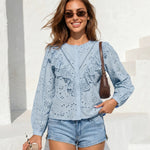 Light Blue Eyelet Lace Ruffle Puff Long Sleeve Blouse