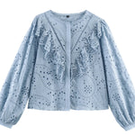 Light Blue Eyelet Lace Ruffle Puff Long Sleeve Blouse