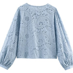 Light Blue Eyelet Lace Ruffle Puff Long Sleeve Blouse