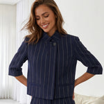 Navy Pinstripe Stand Collar 3/4 Sleeve Cropped Blazer