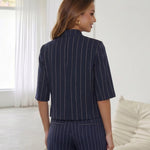 Navy Pinstripe Stand Collar 3/4 Sleeve Cropped Blazer
