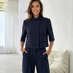 Navy Pinstripe Stand Collar 3/4 Sleeve Cropped Blazer