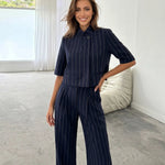 Navy Pinstripe Stand Collar 3/4 Sleeve Cropped Blazer