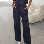 Navy Pinstripe High Waist Pleated Wide Leg Pants
