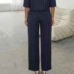 Navy Pinstripe High Waist Pleated Wide Leg Pants