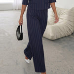 Navy Pinstripe High Waist Pleated Wide Leg Pants