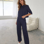 Navy Pinstripe High Waist Pleated Wide Leg Pants