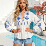 White Blue Ethnic Split Neck Puff Sleeve Peplum Blouse