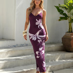 Purple White Floral Spaghetti Strap Bodycon Maxi Dress