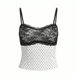 White Polka Dot Black Lace Patch Cami Top