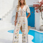 White Floral Border Print Crop Top Wide Leg Pant Set
