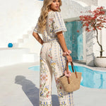 White Floral Border Print Crop Top Wide Leg Pant Set