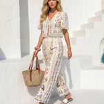 White Floral Border Print Crop Top Wide Leg Pant Set