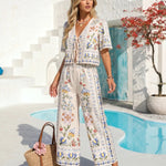 White Floral Border Print Crop Top Wide Leg Pant Set