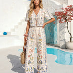 White Floral Border Print Crop Top Wide Leg Pant Set