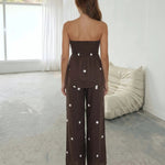 Brown Polka Dot Tube Top Wide Leg Pants Set