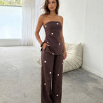 Brown Polka Dot Tube Top Wide Leg Pants Set