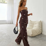 Brown Polka Dot Tube Top Wide Leg Pants Set