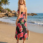 Black Pink Floral Print Spaghetti Strap Midi Dress