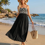 Black Floral Print Spaghetti Strap Midi Dress