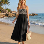 Black Floral Print Spaghetti Strap Midi Dress