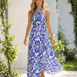 Blue White Porcelain Print Twist Halter Neck Flowy Maxi Dress