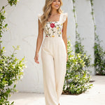White Cream Floral Strap Square Neck Wide Leg Jumpsuit