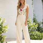 White Cream Floral Strap Square Neck Wide Leg Jumpsuit