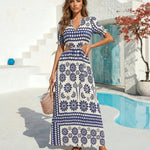 Navy Floral Border Print Short Sleeve Side Cutout Maxi Dress