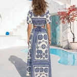 Navy Floral Border Print Short Sleeve Side Cutout Maxi Dress