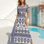 Navy Floral Border Print Short Sleeve Side Cutout Maxi Dress