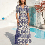 Navy Floral Border Print Short Sleeve Side Cutout Maxi Dress