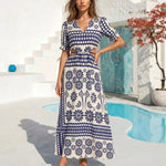 Navy Floral Border Print Short Sleeve Side Cutout Maxi Dress