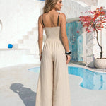 Beige Piping Spaghetti Strap Wide Leg Jumpsuit