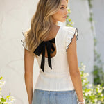 White Textured Ruffle Cap Sleeve Back Cutout Black Bow Tie Back Crop Top