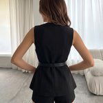 Black Gold Button Belted Peplum Sleeveless Vest