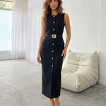 Black Gold Button Belted Sleeveless Midi Dress
