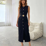 Black Gold Button Belted Sleeveless Midi Dress