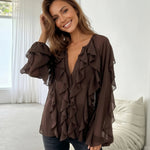 Brown Ruffle Trim Bell Sleeve Sheer Chiffon Blouse