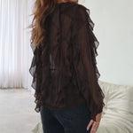 Brown Ruffle Trim Bell Sleeve Sheer Chiffon Blouse