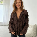 Brown Ruffle Trim Bell Sleeve Sheer Chiffon Blouse