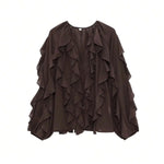 Brown Ruffle Trim Bell Sleeve Sheer Chiffon Blouse