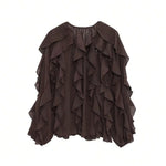 Brown Ruffle Trim Bell Sleeve Sheer Chiffon Blouse